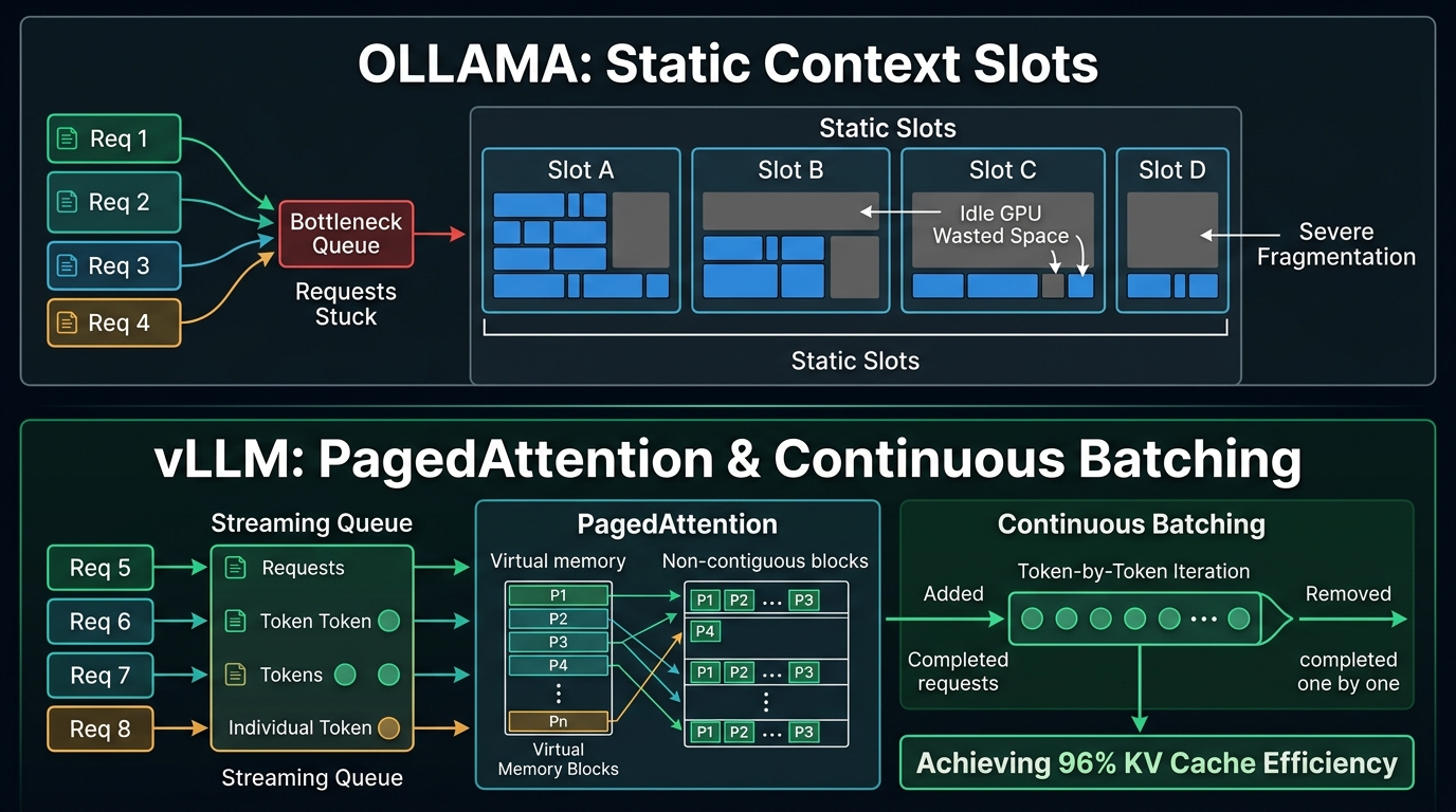 Technical architectural diagram comparing Ollama's static context slots with vLLM's PagedAttention and continuous batching