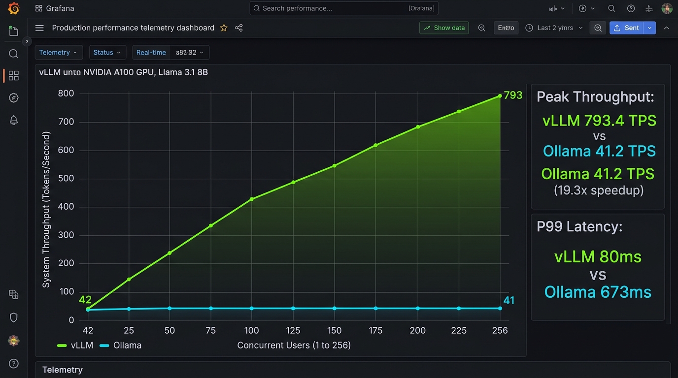 Production performance telemetry dashboard comparing vLLM vs Ollama throughput and latency on an NVIDIA A100 GPU running Llama 3.1 8B