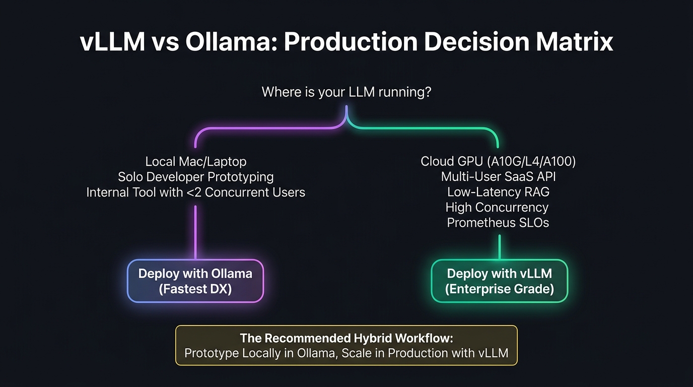 Engineering decision tree flowchart titled vLLM vs Ollama: Production Decision Matrix