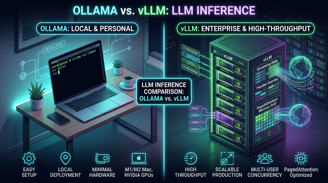 Split comparison diagram contrasting Ollama's local developer workflow with vLLM's high-throughput enterprise GPU cluster serving