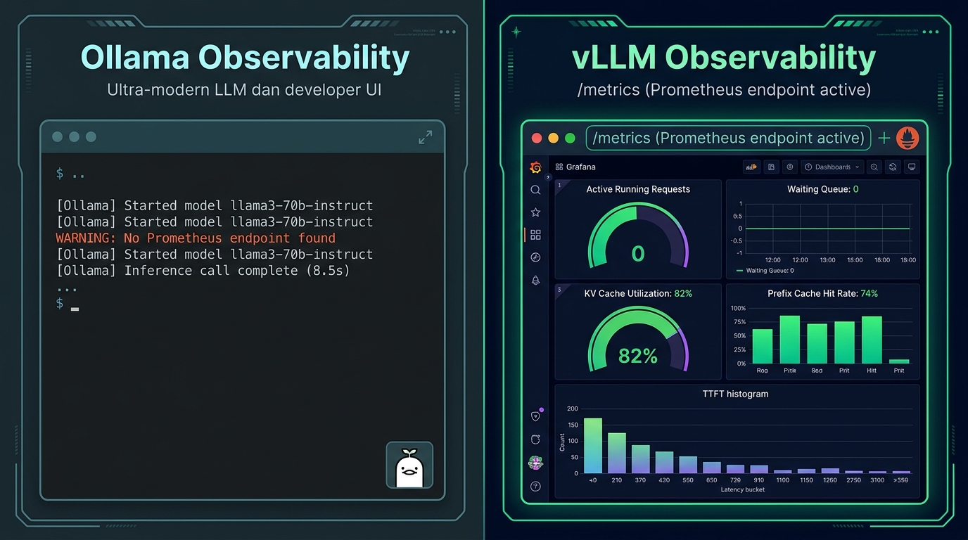 Split view illustrating production LLM observability comparing Ollama console logs with vLLM Prometheus metrics and Grafana telemetry